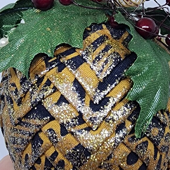 VTG Handmade Folded Cloth Black Gold Holly Glitter Christmas Holiday Ornament - Picture 9 of 12